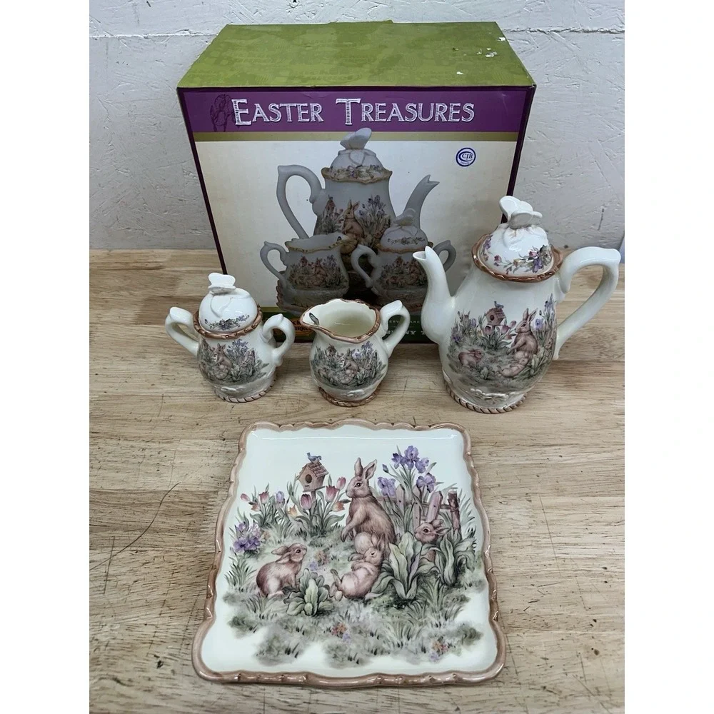 Cracker Barrel Easter Treasures Bunny Teapot Creamer Sugar Set Tray
